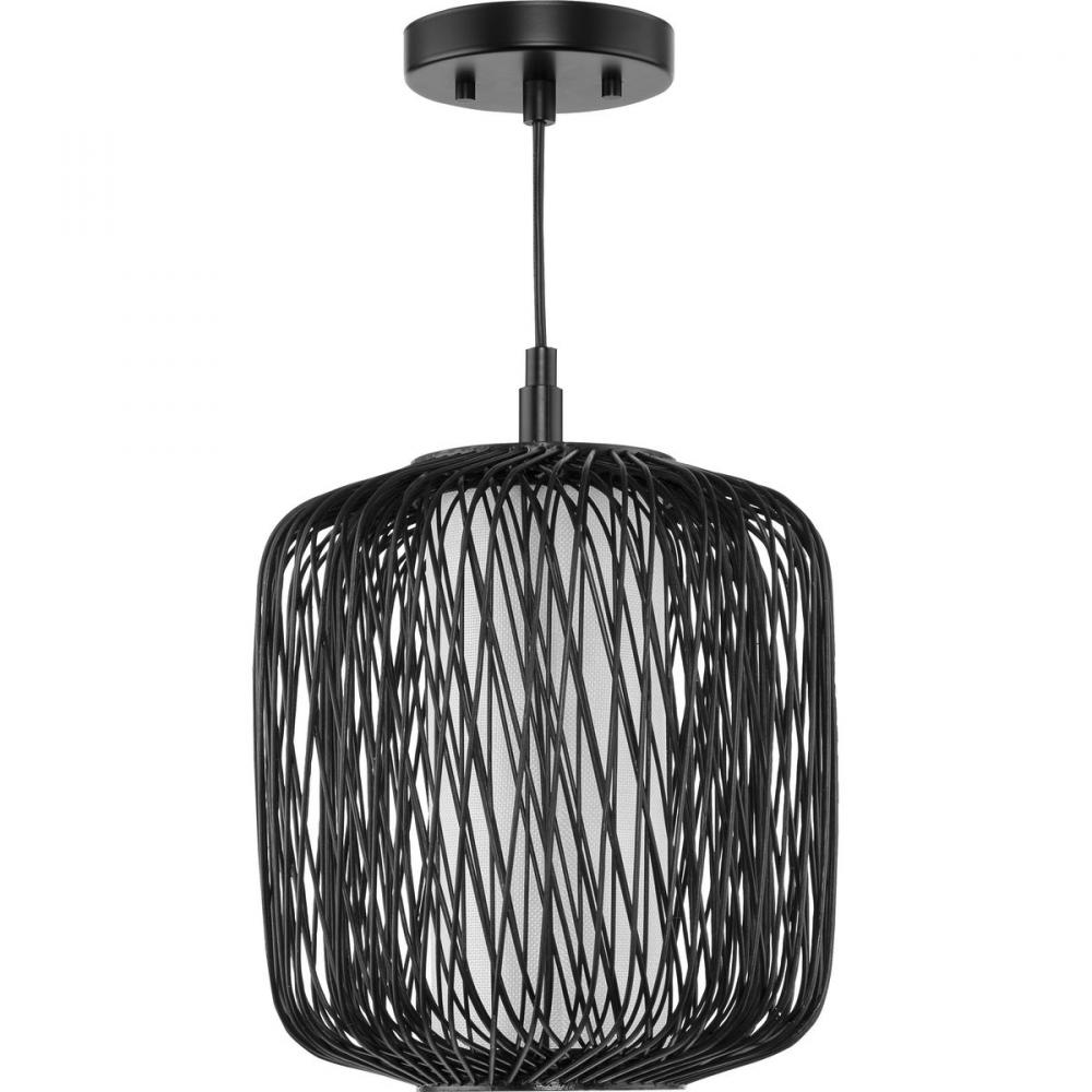 Cordova Collection One-Light Black Rattan Organic Modern Mini-Pendant with White Linen Shade