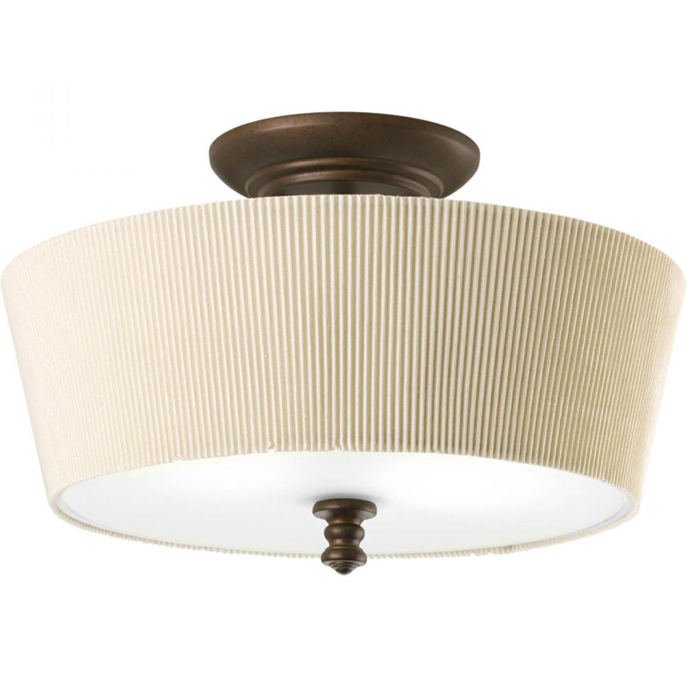 Two Light Roasted Java Ivory Pleated Glass Drum Shade Semi-Flush Mount