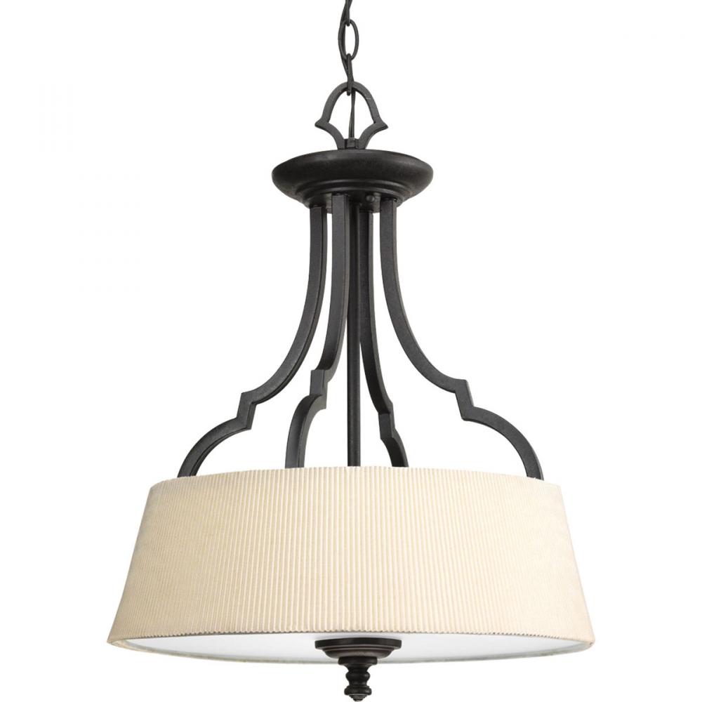 Three Light Forged Black Ivory Pleated Glass Foyer Hall Pendant