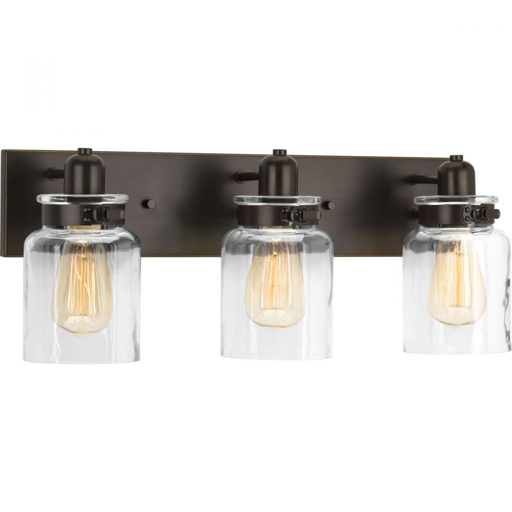 Calhoun Collection Three-Light Antique Bronze Clear Glass Farmhouse Bath Vanity Light