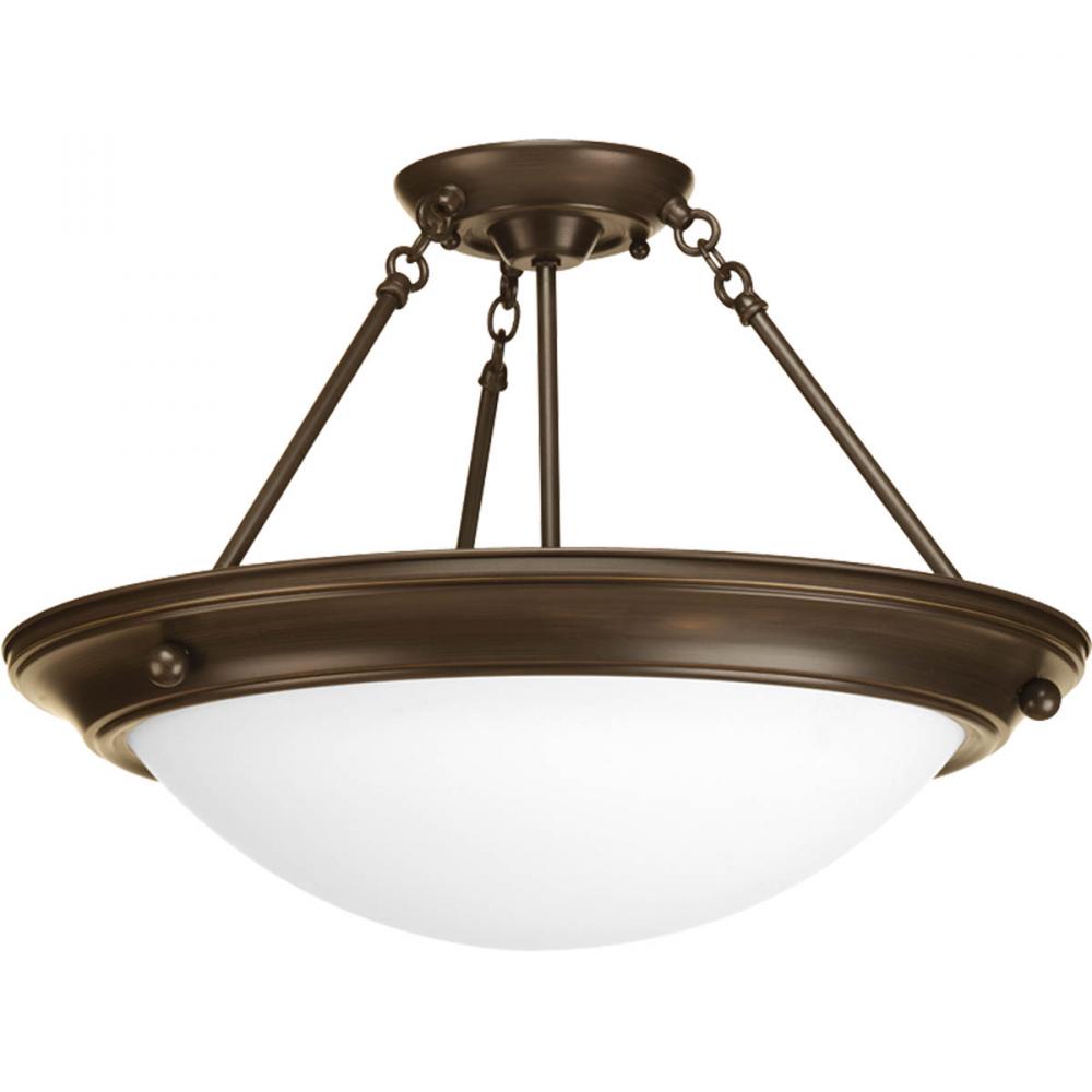 Three Light Antique Bronze Satin White Glass Bowl Semi-Flush Mount