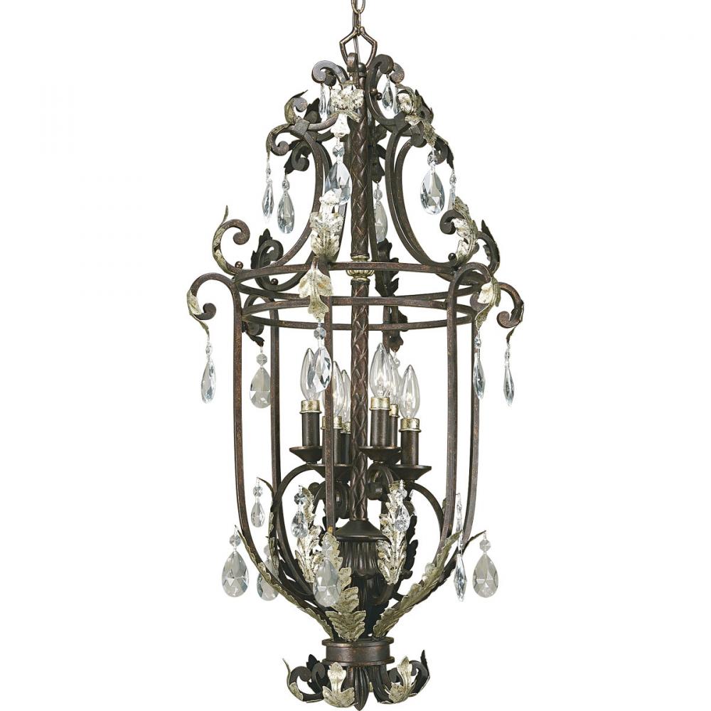 Six Light Cognac Cut- Drops Glass Open Frame Foyer Hall Fixture