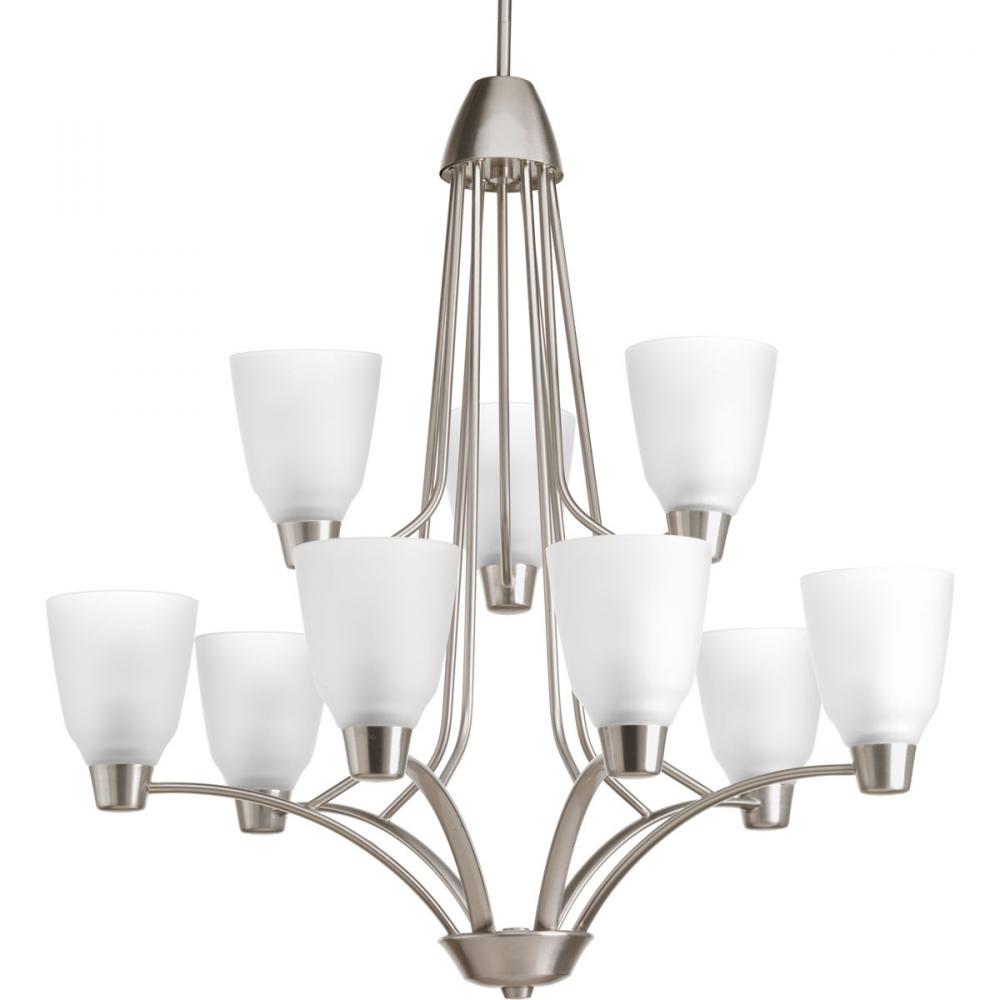 Nine Light Brushed Nickel Etched Glass Up Chandelier