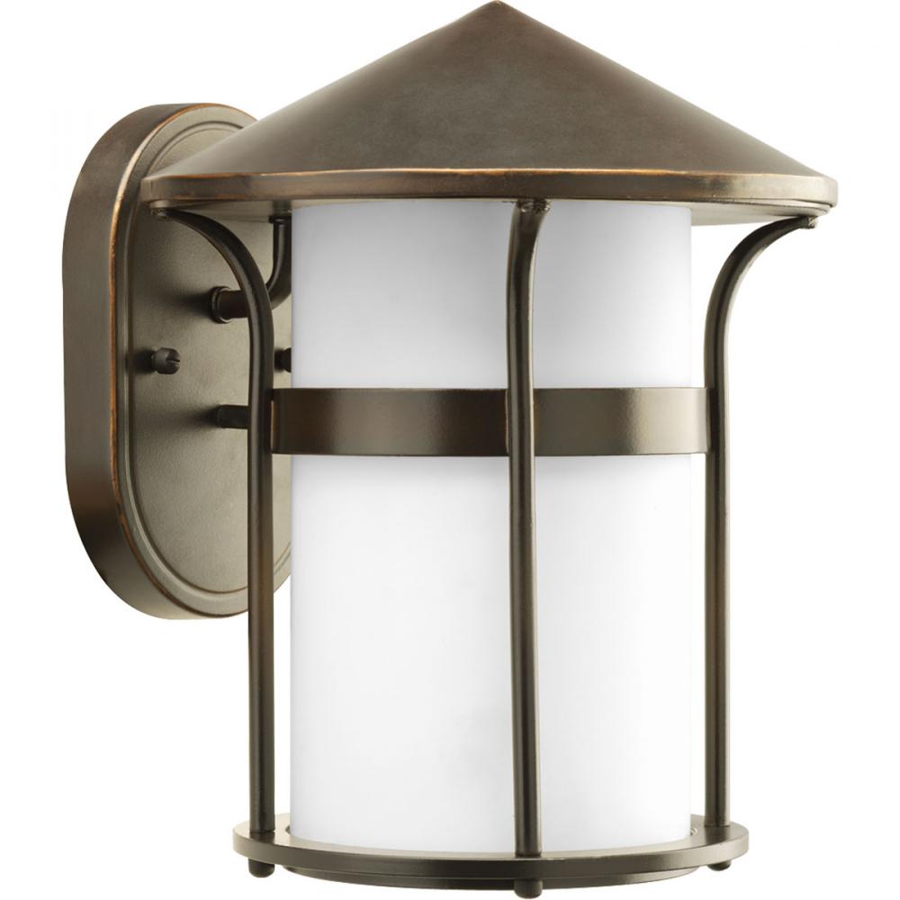 One Light Antique Bronze Opal Etched Glass Wall Lantern