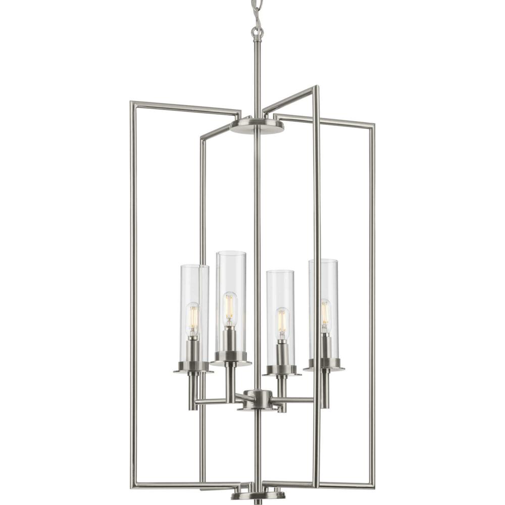 Kellwyn Collection Four-Light Brushed Nickel and Clear Glass Transitional Style Foyer Pendant Light