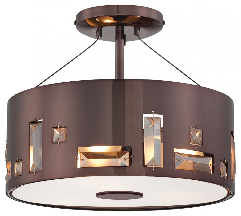 Three Light Chocolate Chrome  Drum Shade Semi-Flush Mount